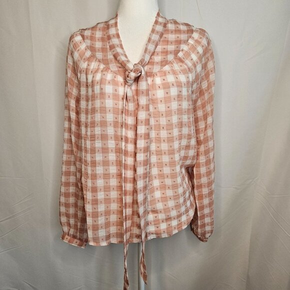 Nanette Lepore Size Small Tie V-Neck Soft Gingham Peach Swiss Dot L/S Blouse - Picture 6 of 13